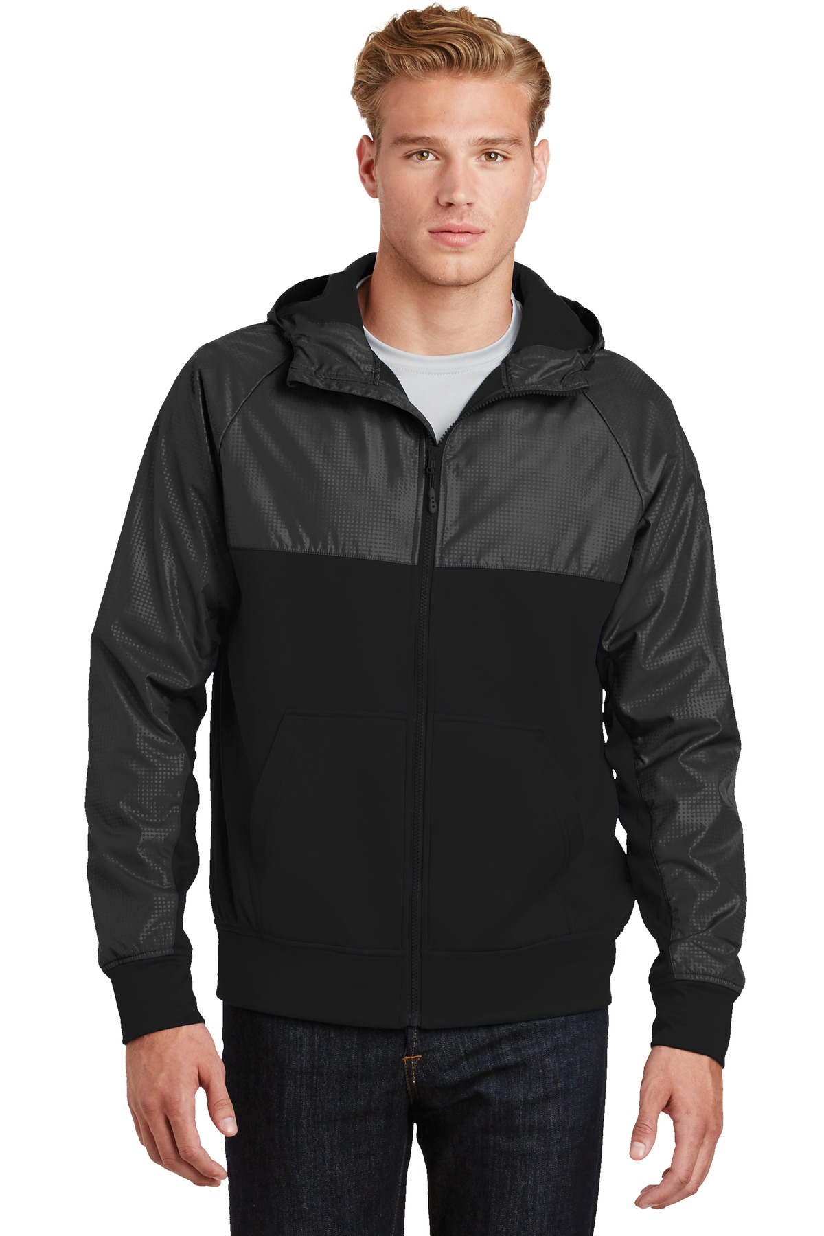 DISCONTINUED  Sport-Tek ®  Embossed Hybrid Full-Zip Hooded Jacket