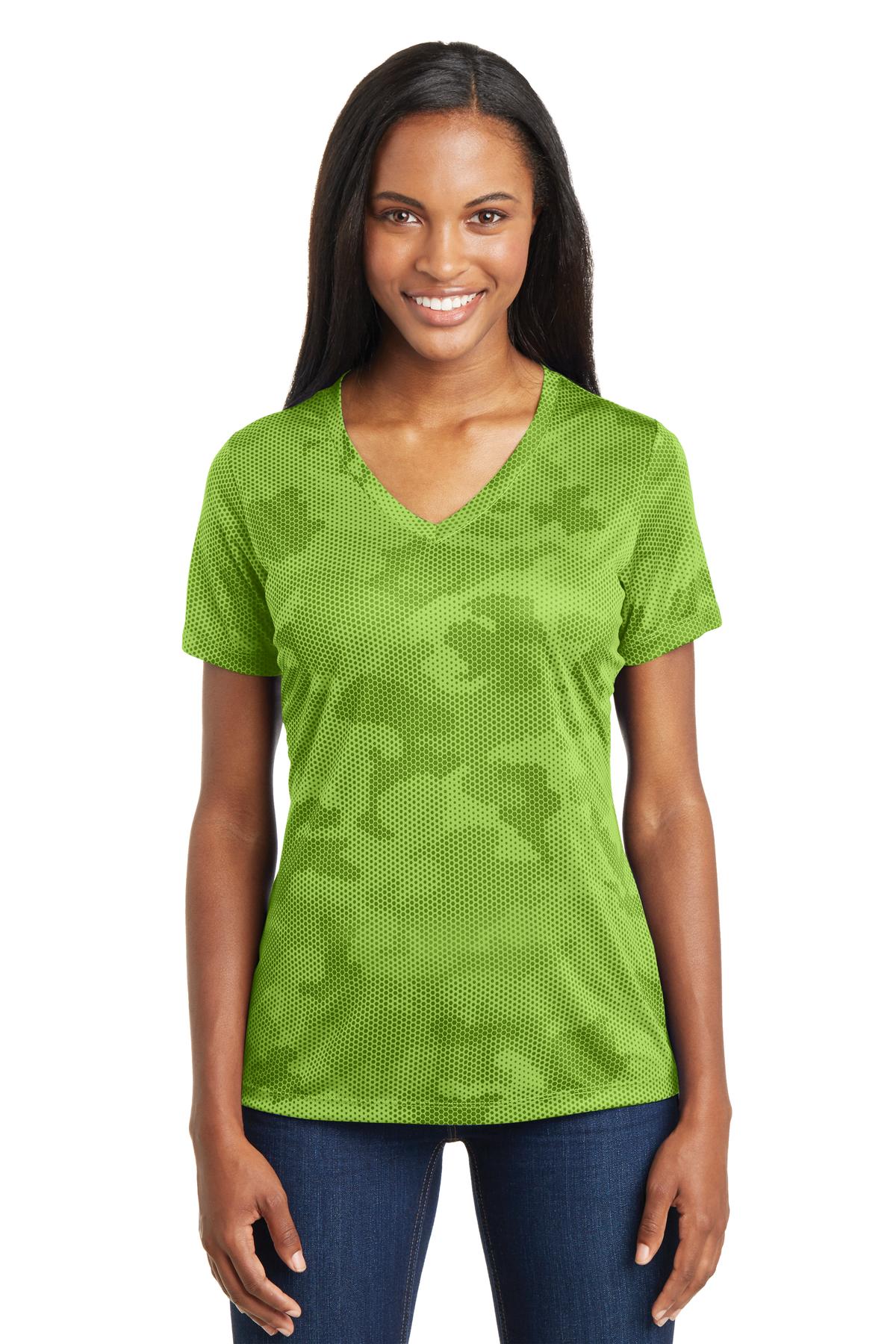 DISCONTINUED  Sport-Tek ®  Ladies CamoHex V-Neck Tee