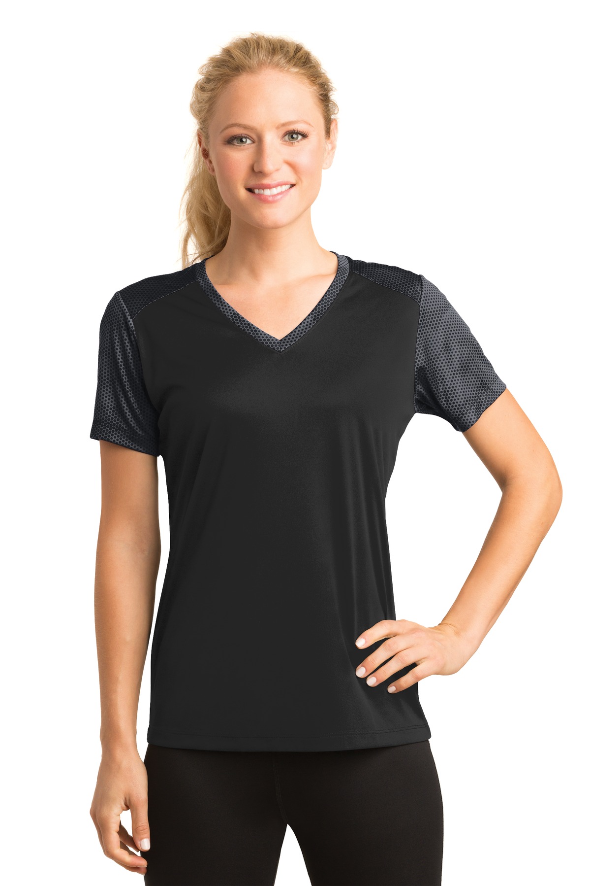 DISCONTINUED  Sport-Tek ®  Ladies CamoHex Colorblock V-Neck Tee