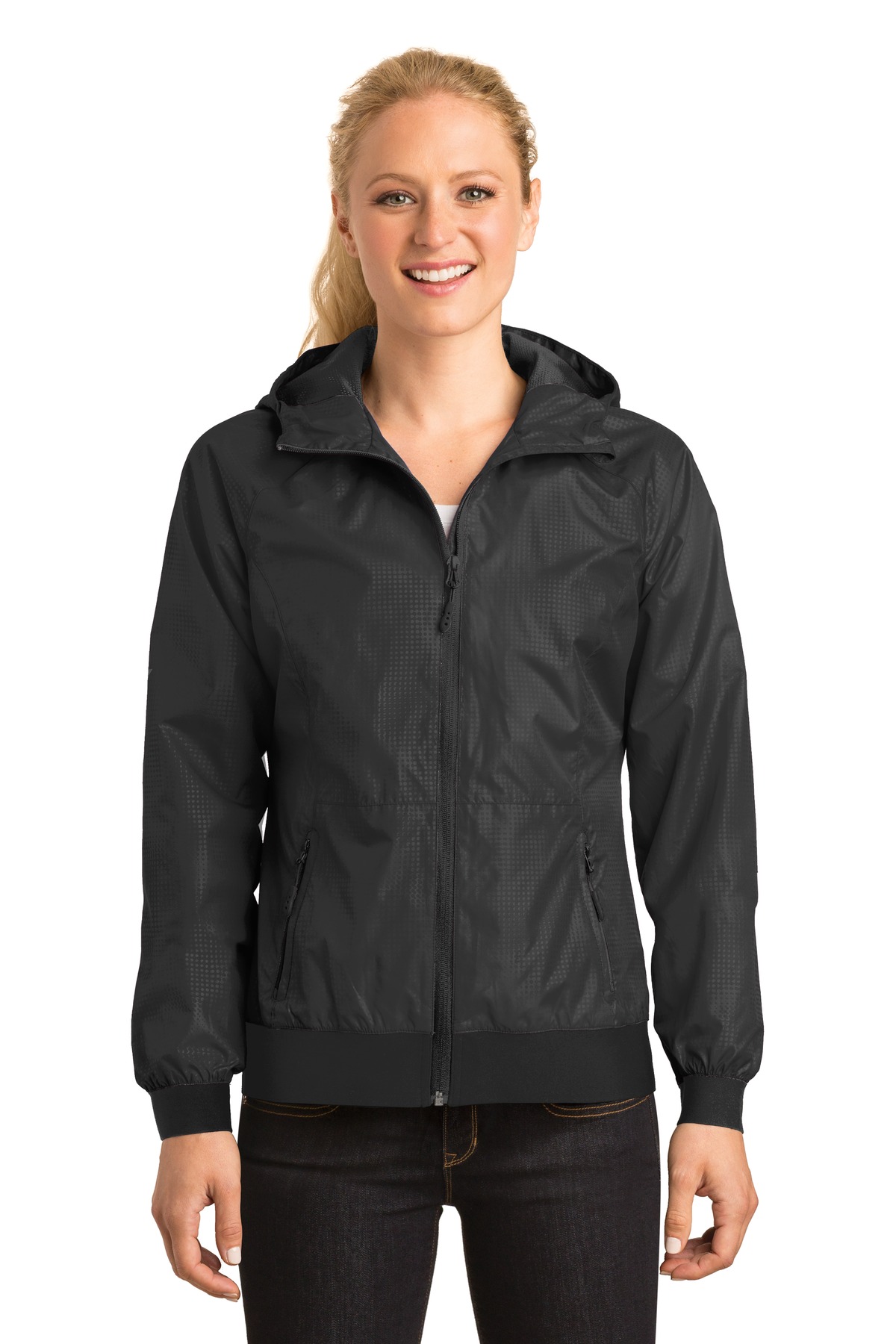DISCONTINUED  Sport-Tek ®  Ladies Embossed Hooded Wind Jacket