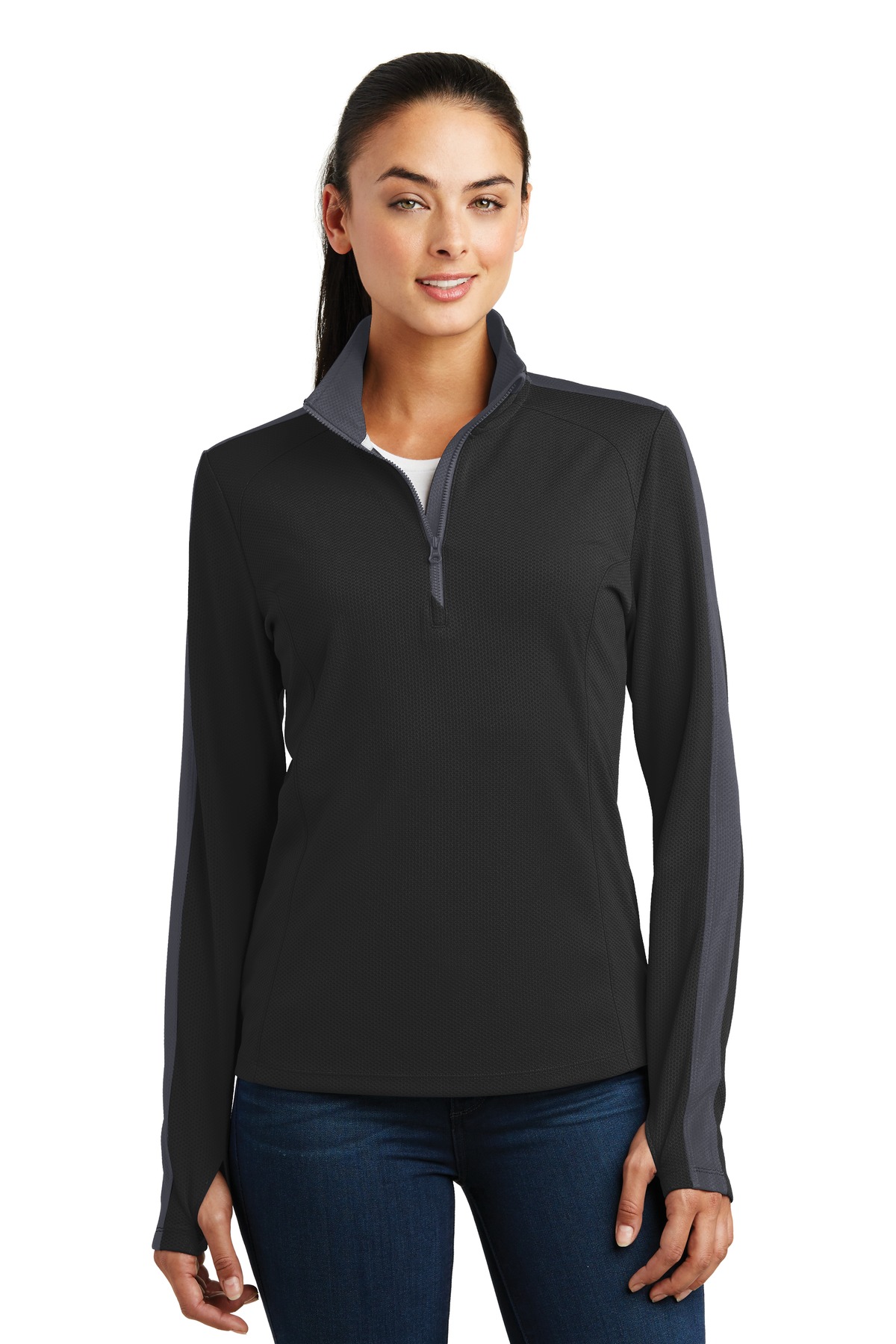 DISCONTINUED  Sport-Tek ®  Ladies Sport-Wick ®  Textured Colorblock 1/4-Zip Pullover