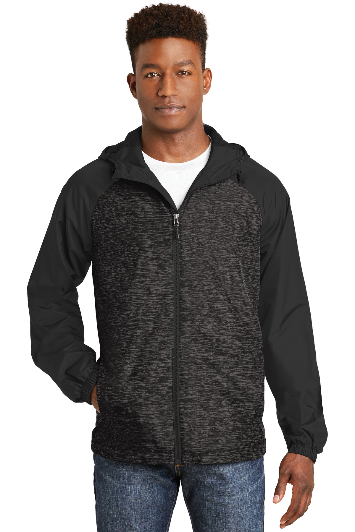 Sport-Tek ®  Heather Colorblock Raglan Hooded Wind Jacket