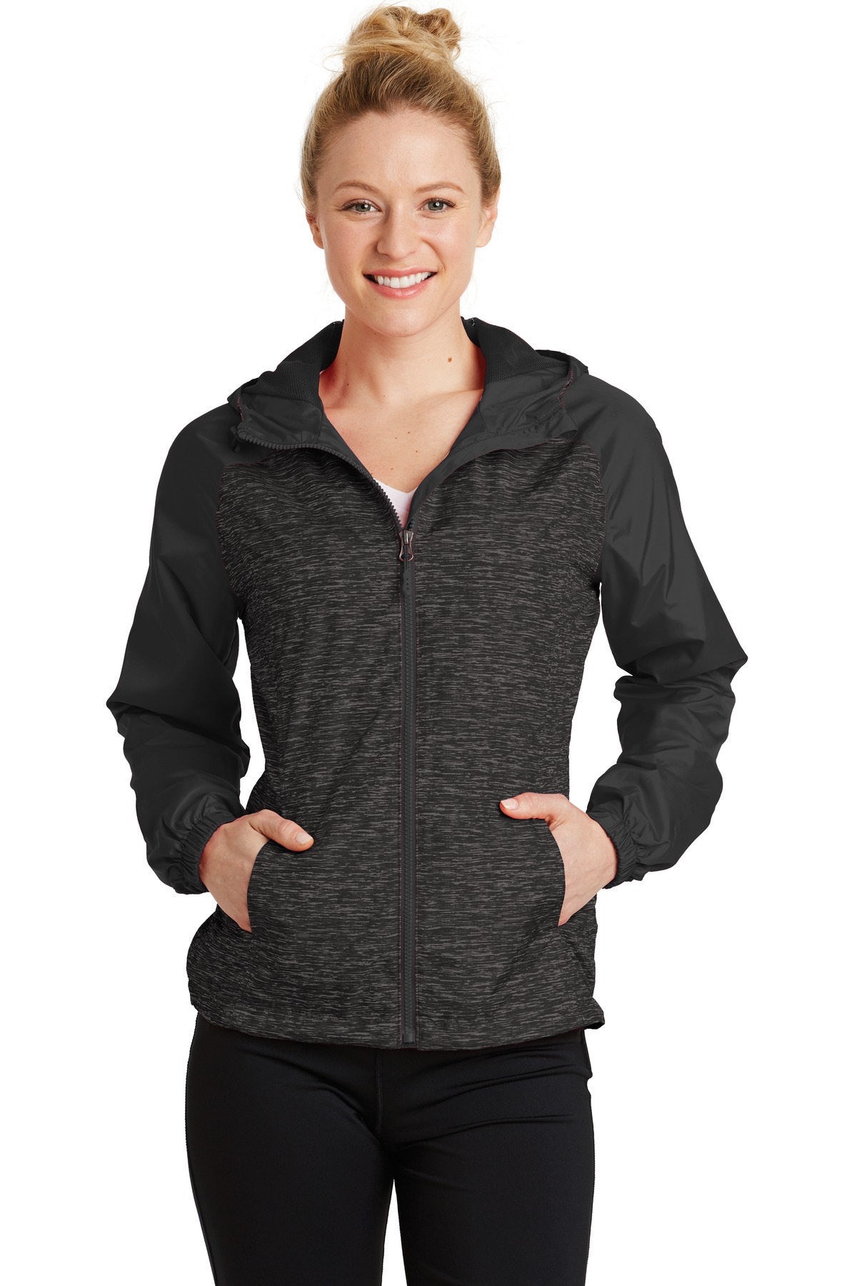 Sport-Tek ®  Ladies Heather Colorblock Raglan Hooded Wind Jacket